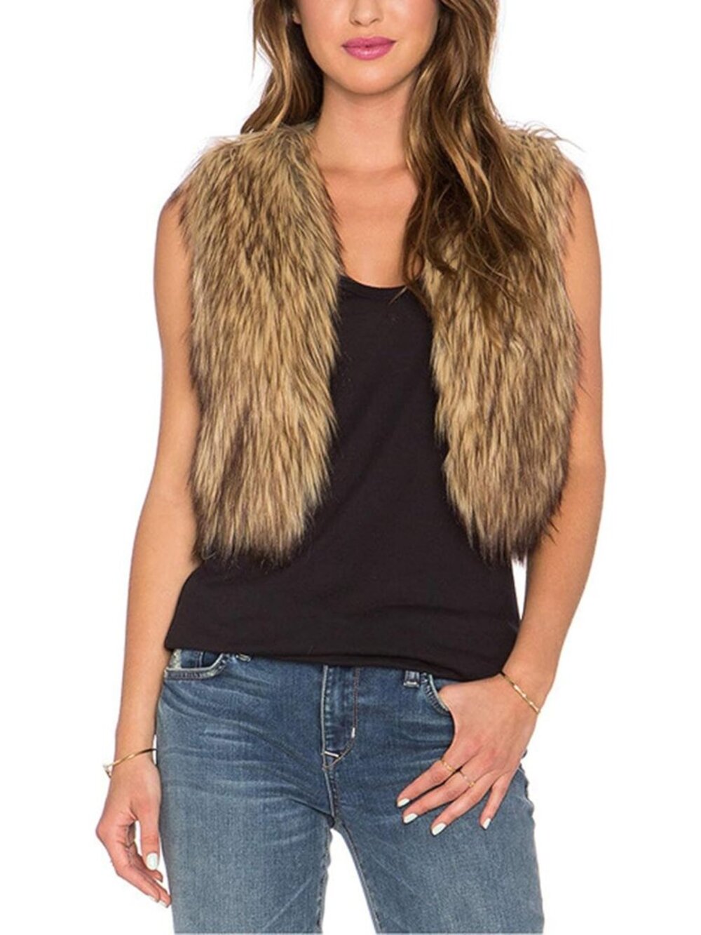 Cozy Tan Faux Fur Sleeveless Vest | Fluffy Open Front Jacket for Fall & Winter